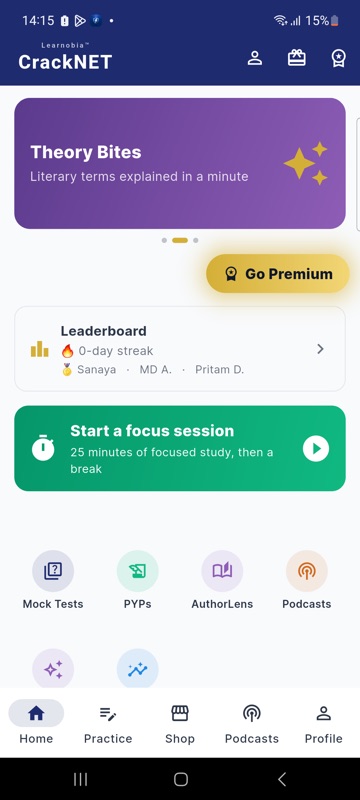 CrackNET home screen — streak, leaderboard, and daily focus session